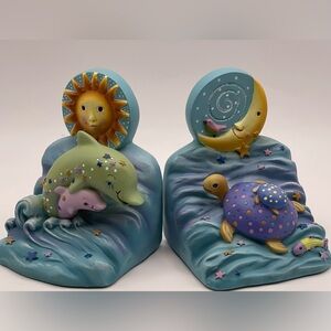 🐢🌙 Whimsical Ocean Nursery Bookends – Sun Moon Dolphins Turtle Resin Pair